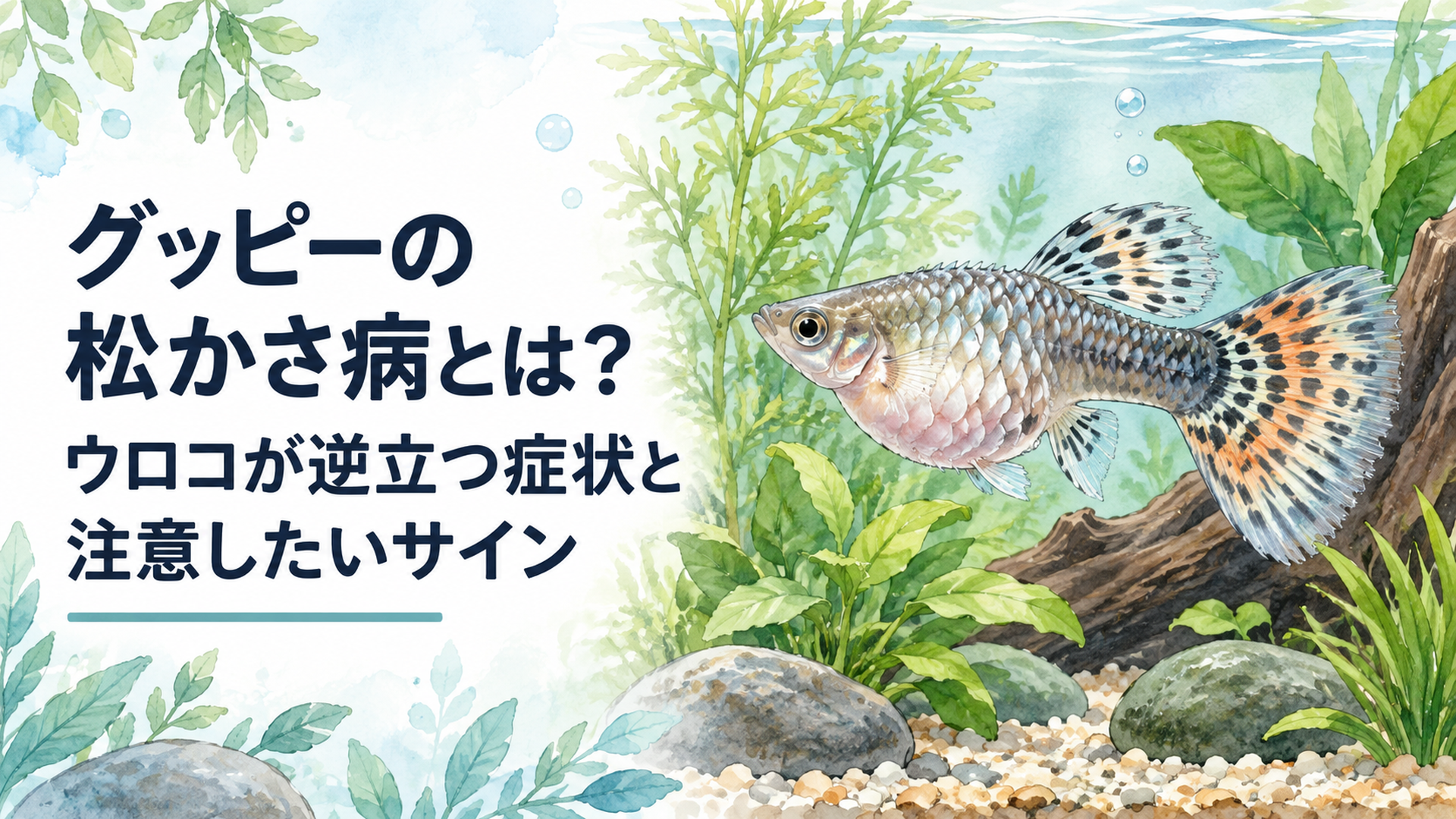 水槽の中でうろこが逆立ち、お腹が膨らんだグッピーを心配そうに見つめる様子