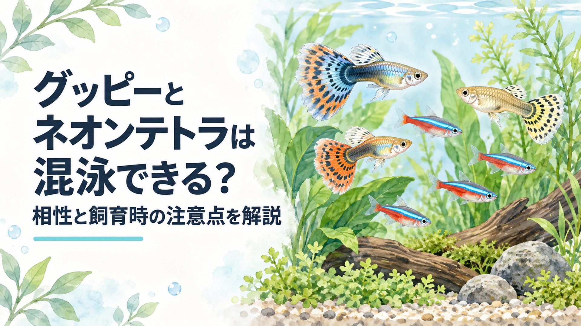 グッピーとネオンテトラが同じ水槽の中でゆったりと泳いでいる様子