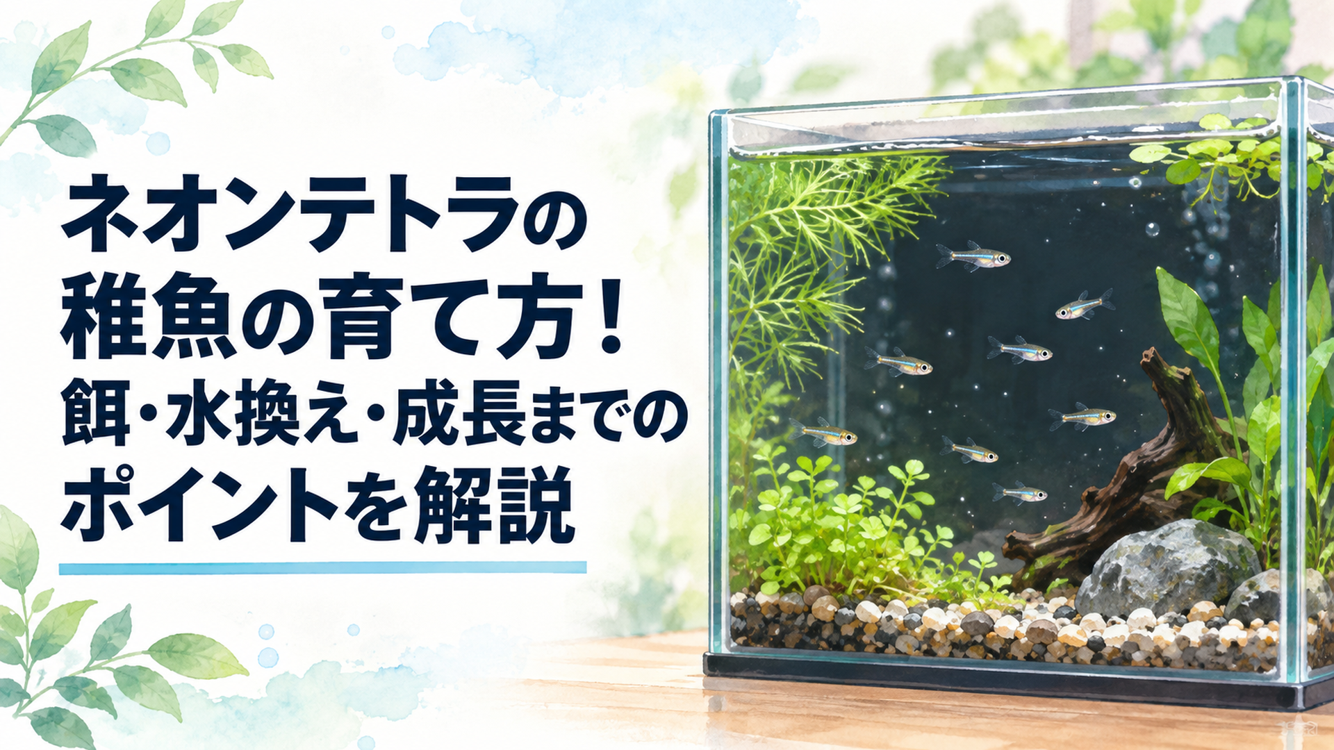 暗めの小型水槽の中で、生まれたばかりのネオンテトラの稚魚が漂うように泳いでいる様子