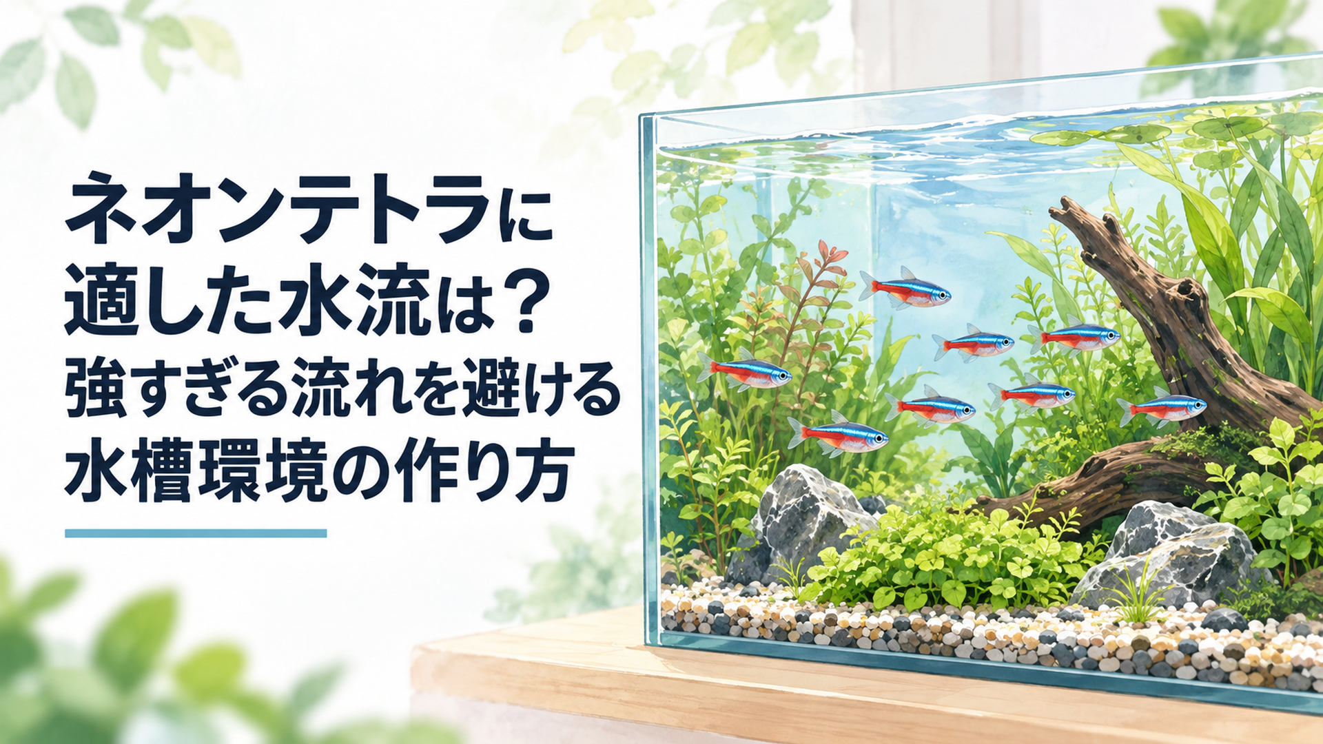 穏やかな水流の水槽内をネオンテトラの群れが気持ちよさそうに泳いでいる様子