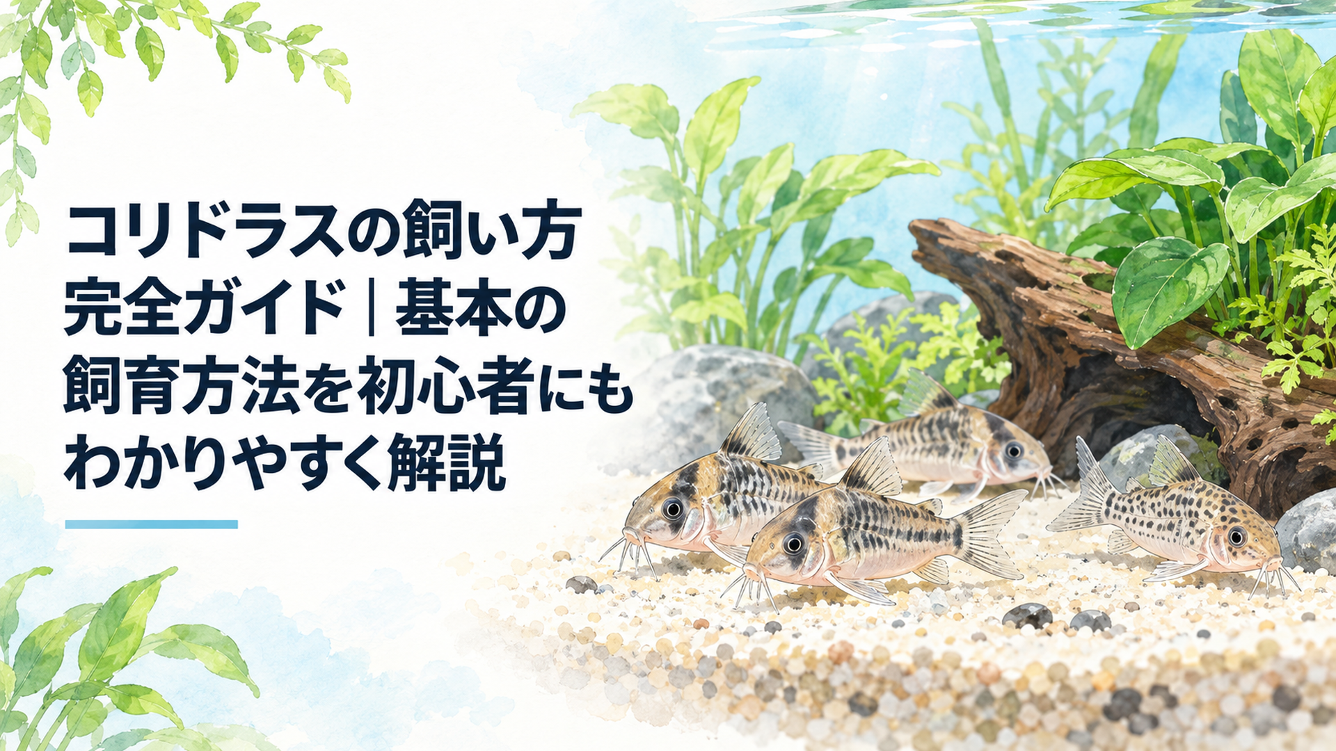 明るい水槽の底を丸っこいコリドラスが数匹並んで泳いでいるほのぼのとしたシーン