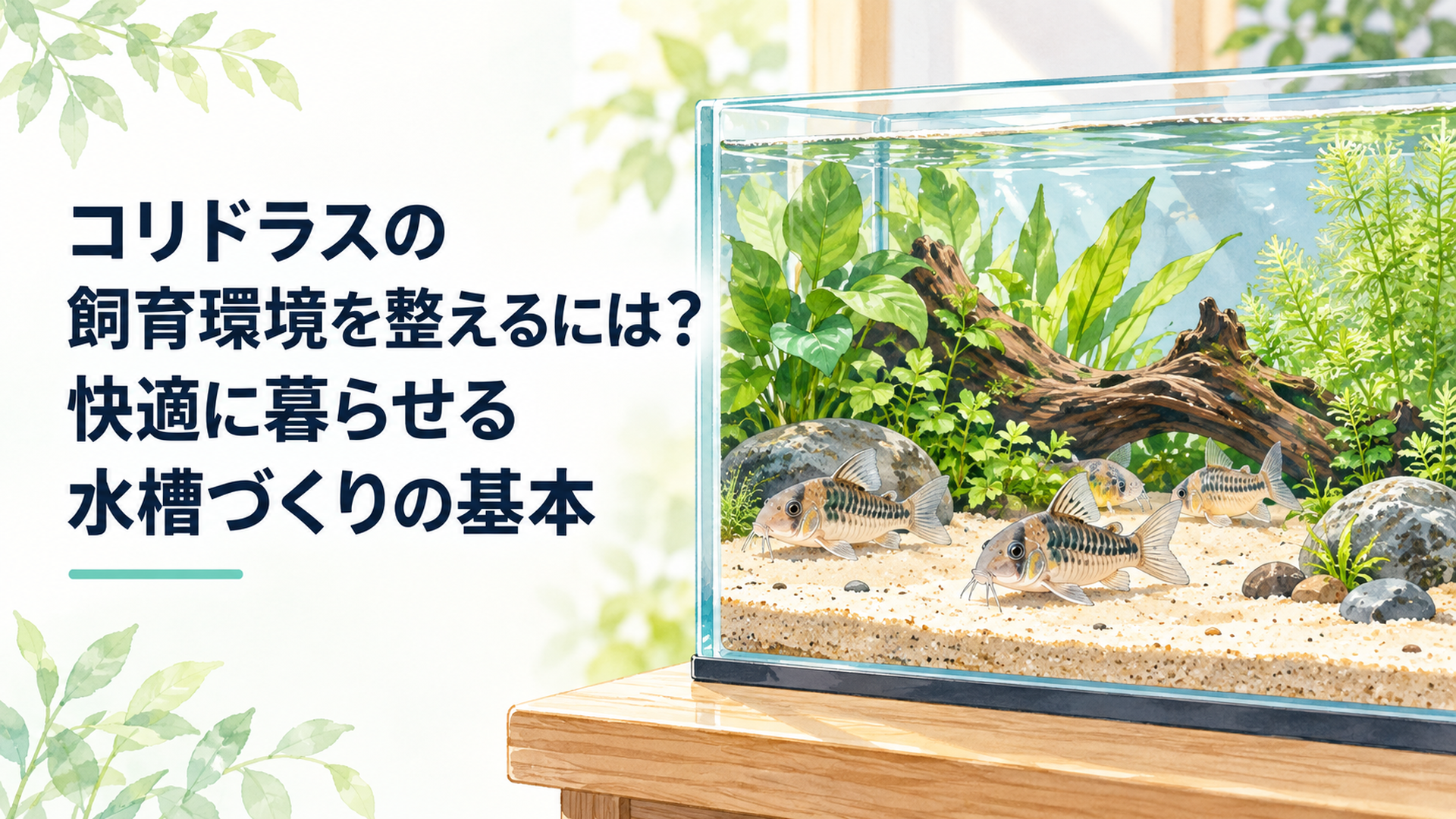 やわらかい光が差し込む水槽の底で、数匹のコリドラスがのんびり泳いでいる様子