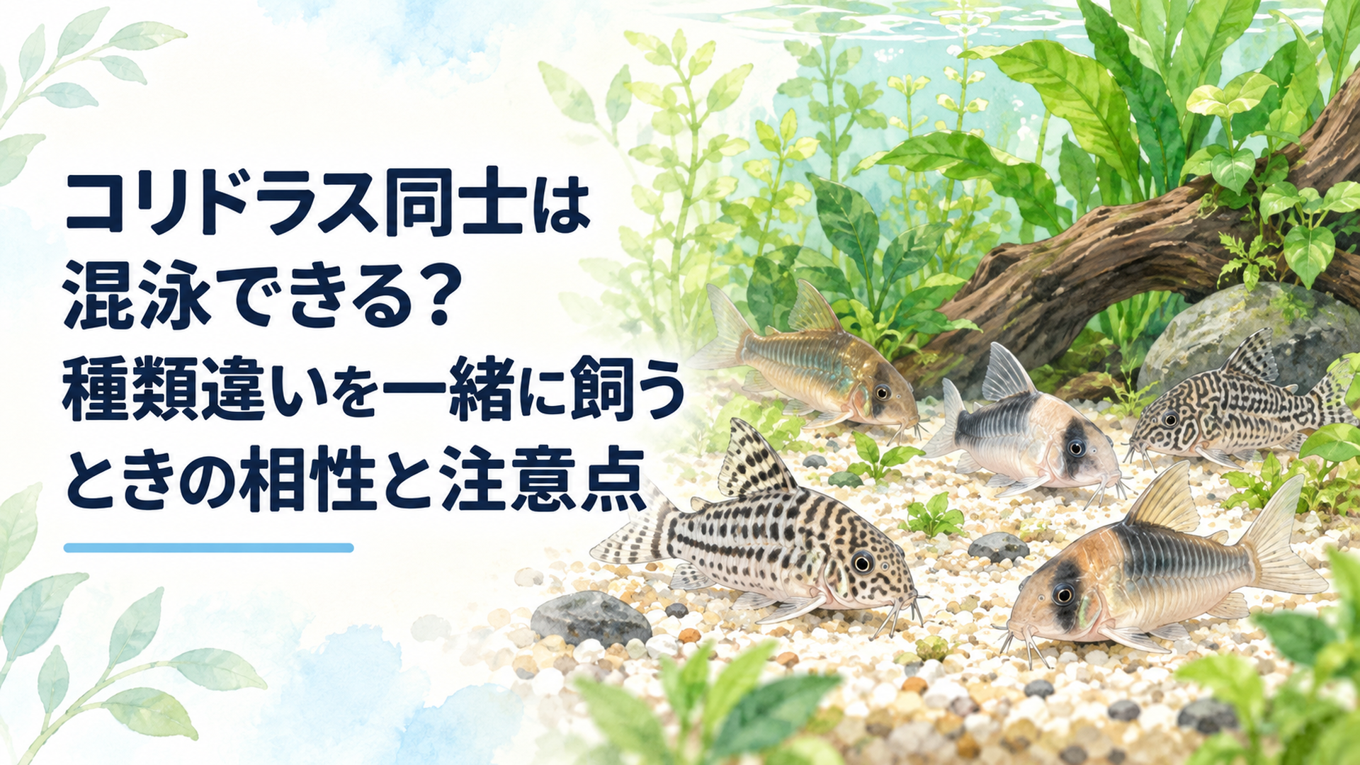 水槽の底で複数種のコリドラスが仲良く餌を探している様子