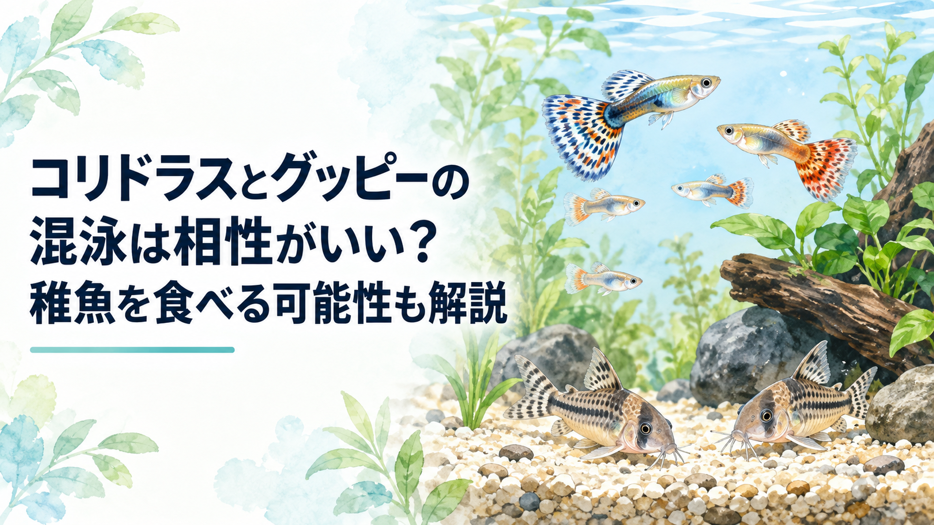 コリドラスとグッピーが同じ水槽で仲良く泳いでいる様子