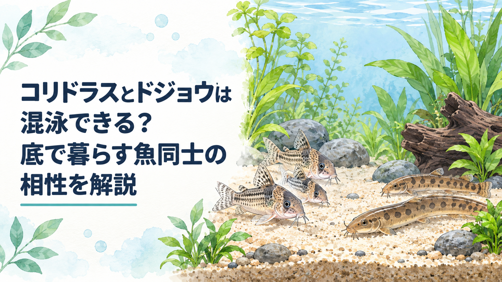 水槽の底でコリドラスとドジョウがそれぞれ底砂の上を移動している様子