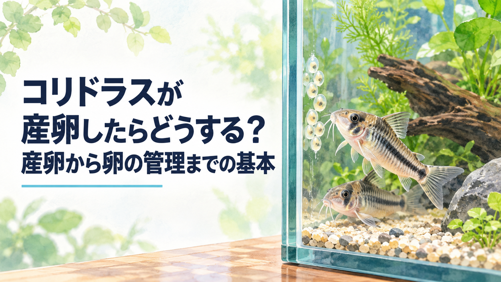 水槽のガラス面に産み付けられたコリドラスの卵を、水槽の外からやさしく見つめる様子