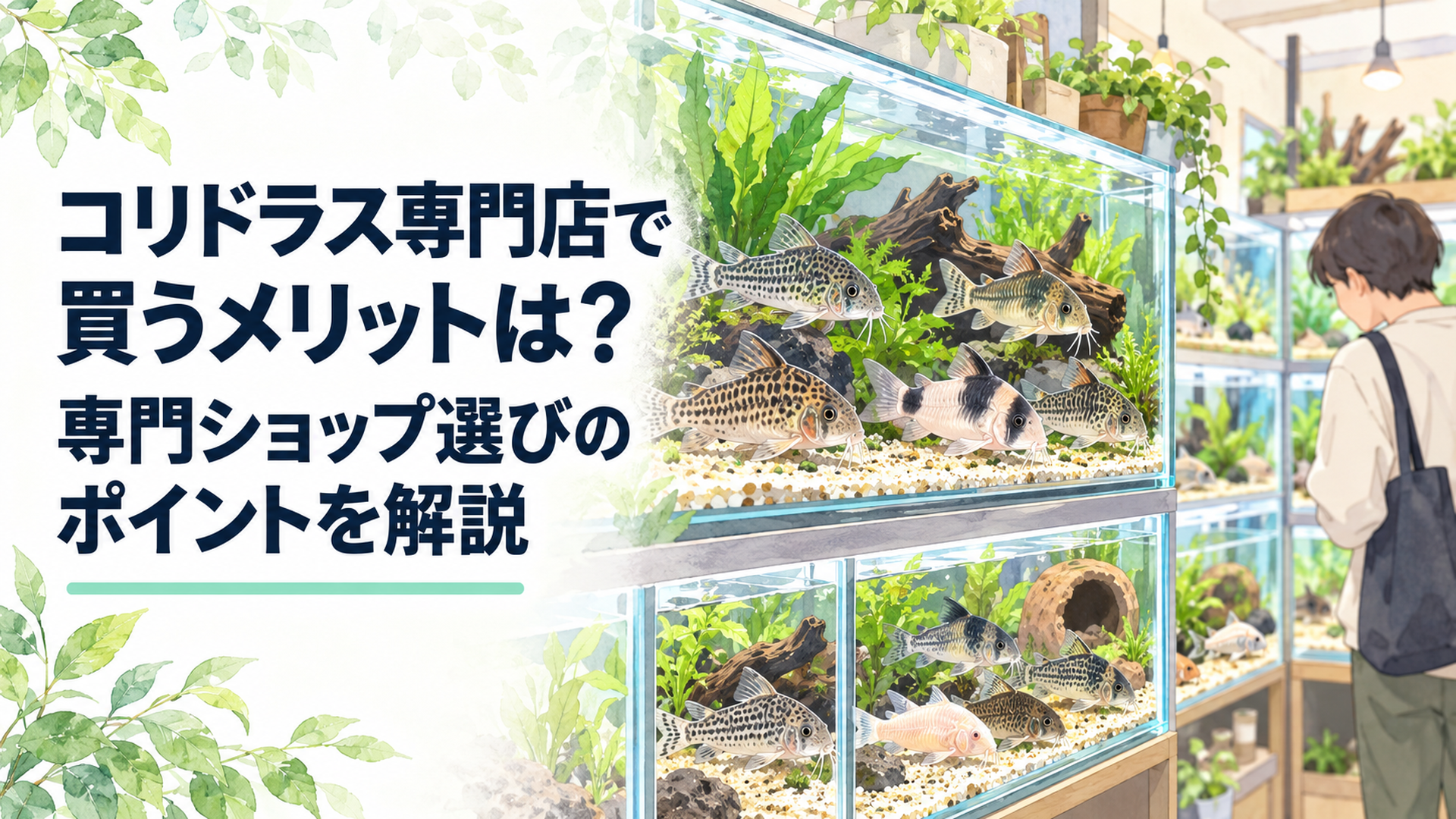 水槽にずらりと並んだ様々な模様のコリドラスたちと、選んでいる飼育者の様子