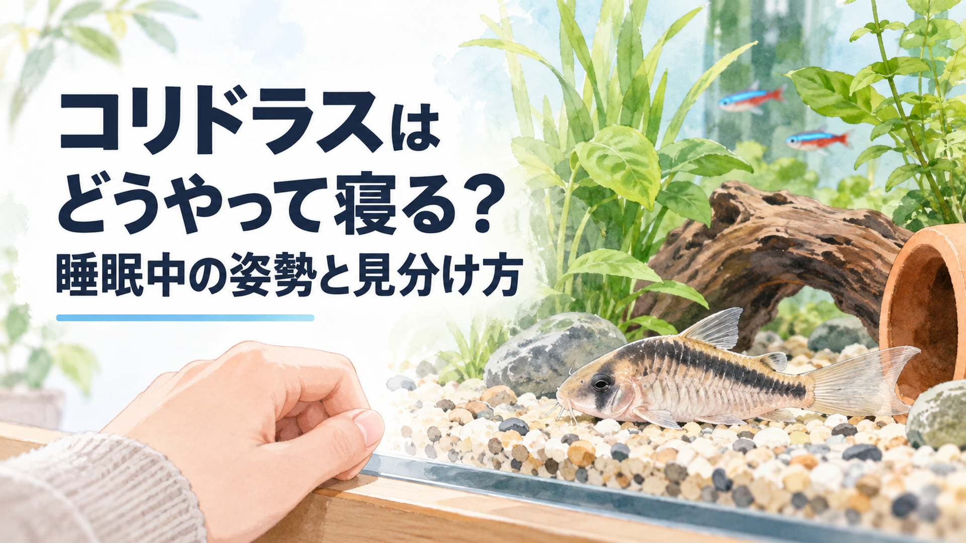 水槽の底で横向きに休むコリドラスと、そっと様子を見守る飼い主の手元