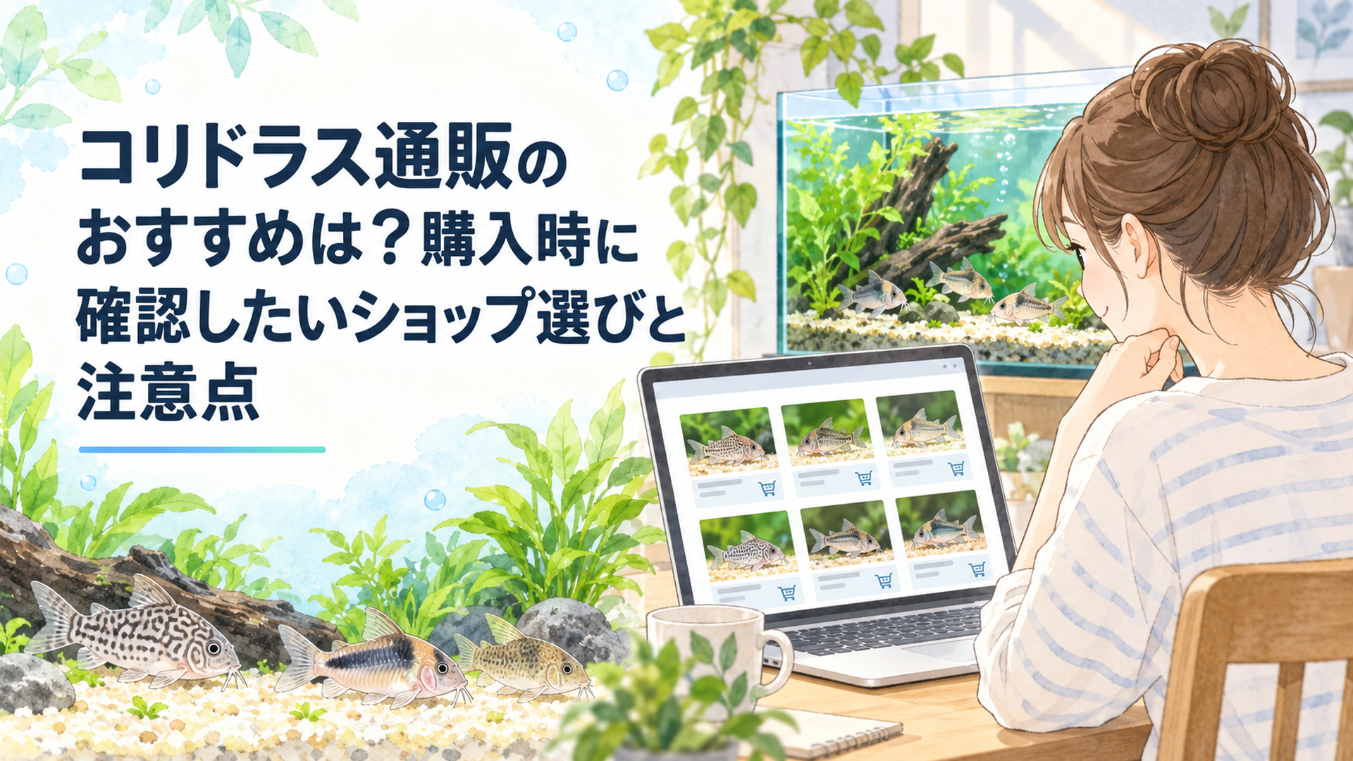 パソコンの通販サイトでコリドラスの一覧を眺めている様子